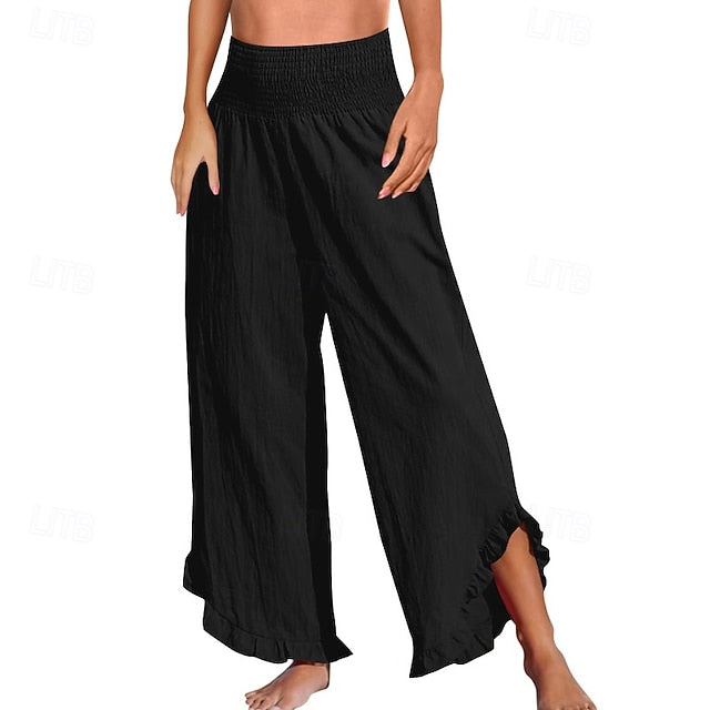Women's Cotton Linen Pants Culottes Wide Leg Slacks Fashion