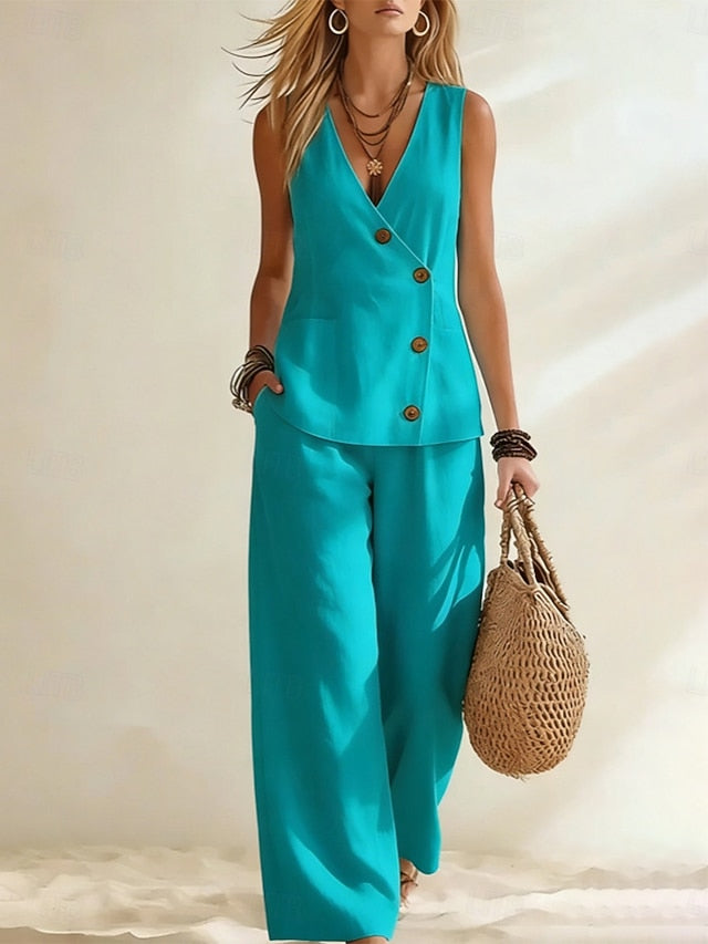 Women's Pants Sets Sleeveless V Neck Plain Fashion
