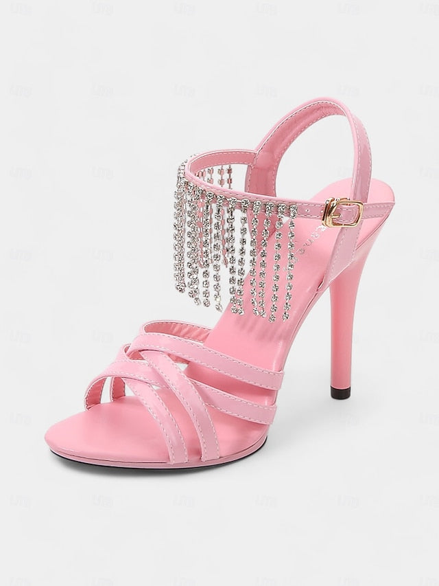 Leather Rhinestone Women's Stiletto Red Patent with Sandals