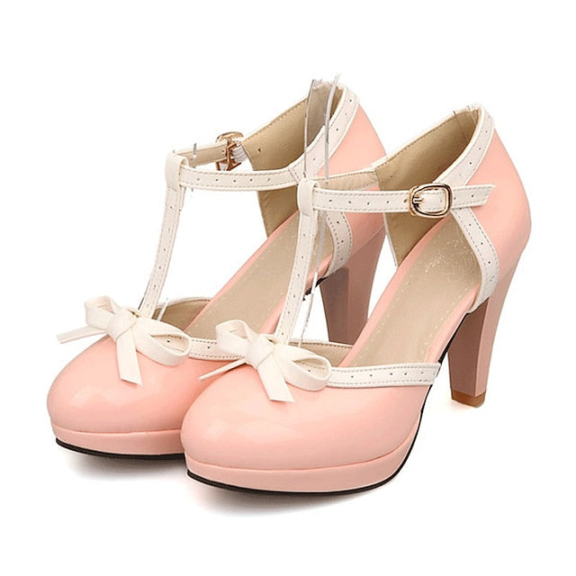 with Black White High Patent Women's Heels Leather T-Strap