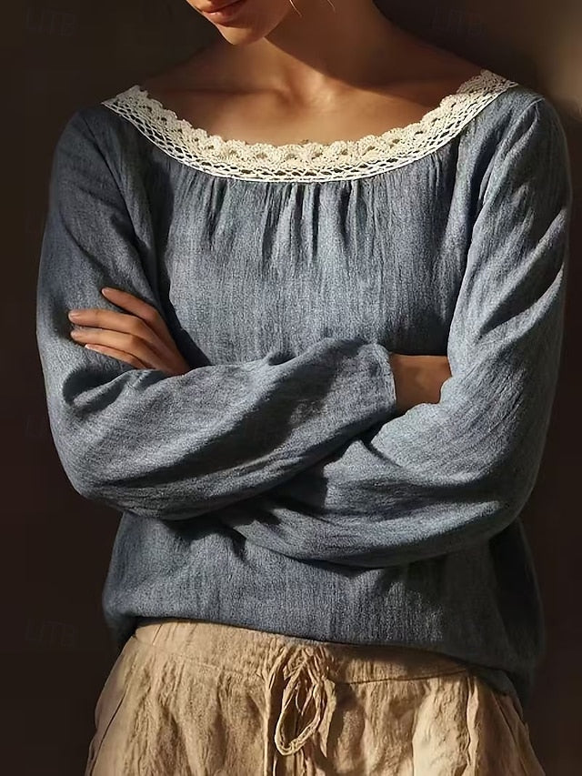 Women's Lace Splicing Top Linen T-Shirt Pleats Solid Color