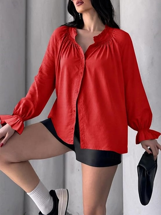 Women's Casual Shirt Button Up Shirt Blouse Ruffle Buttons