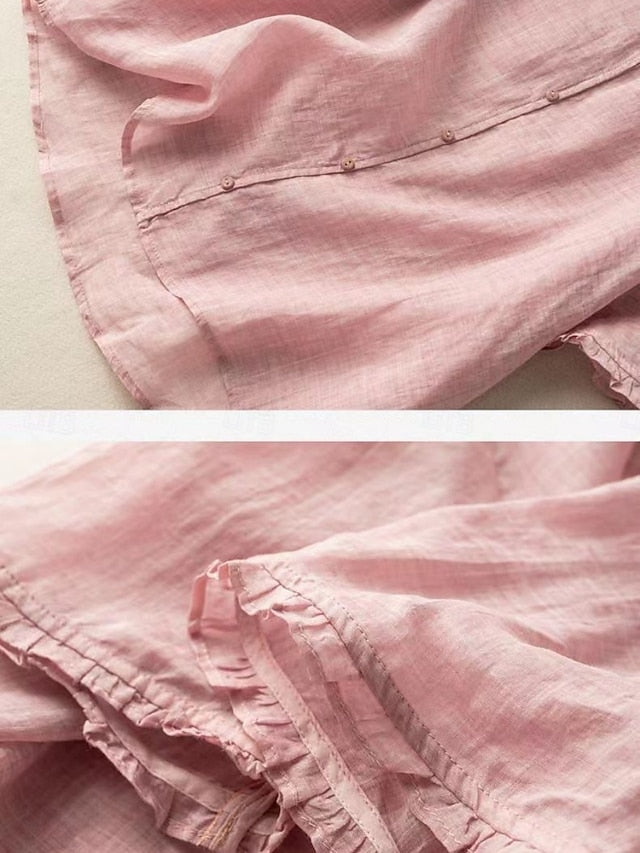 Women's Cotton Linen Shirts Solid Color Basic Casual Short