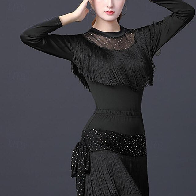 Latin Dance Ballroom Dance Top Tassel Pure Color Splicing