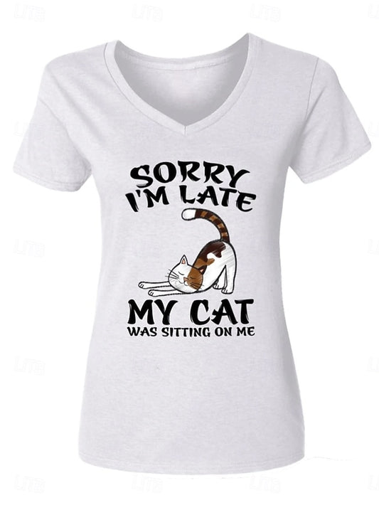 Women's T Shirt Casual Cat Letter Print Short Sleeve