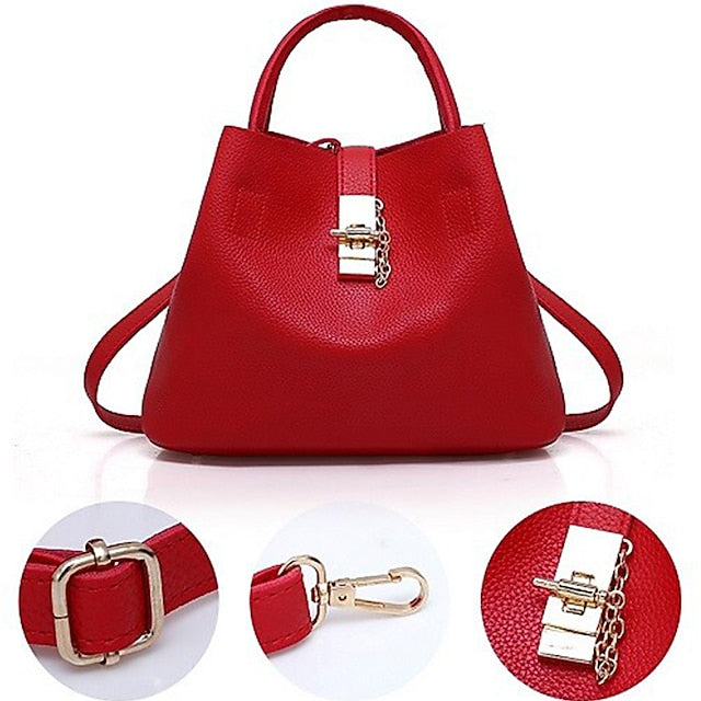 Gold Lock with and Faux Women's Chain Leather Handbag Red