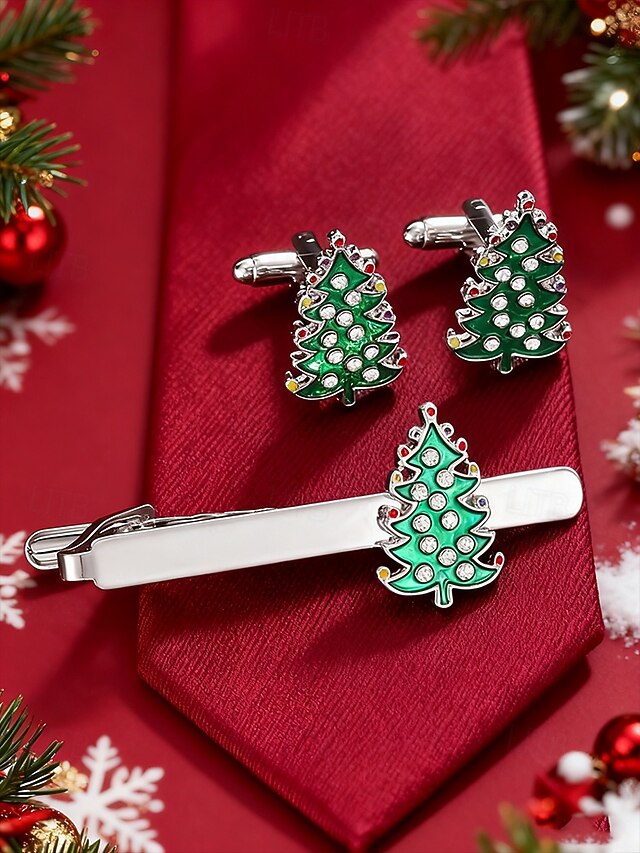 Tie Men's Christmas Set Festive - Cufflinks Tree and Clip