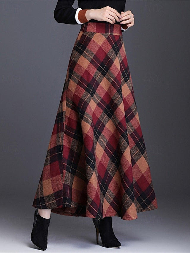 Women's Elegant Retro Vintage Maxi High Waist Skirts Plaid