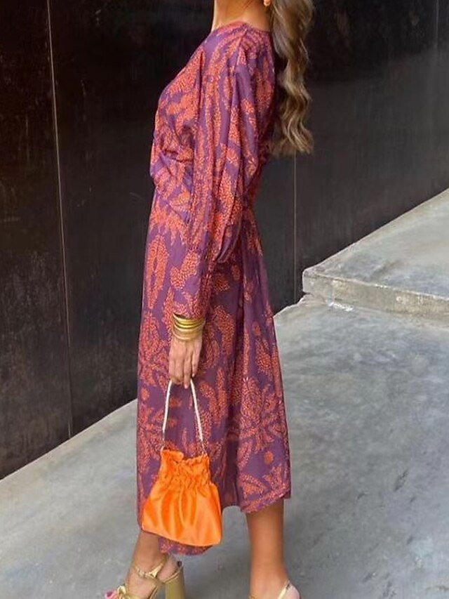 Women's Graphic Print V Neck Maxi Dress Long Sleeve Spring