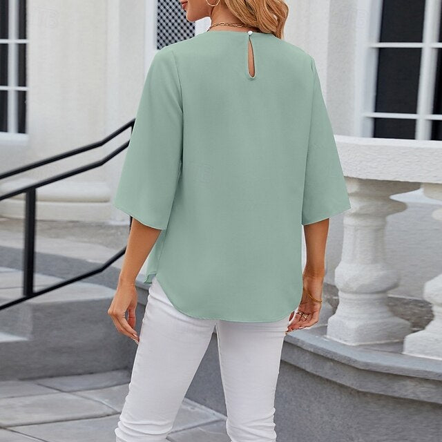Women's Shirt Blouse Chiffon Tops Ruched Plain Stylish