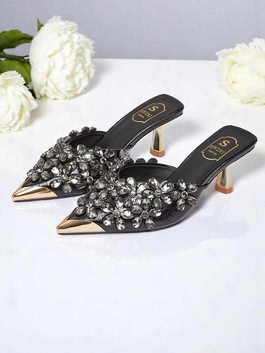 Pointed-Toe Mules – Black Embellished Women's Rhinestone