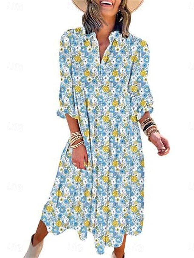 Women's Floral Split Neck Midi Dress Long Sleeve Summer