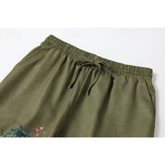 Women's Wide Leg Slacks Boho Full Length Natural Flower