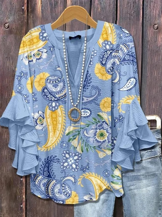 Women's Retro Blouse Layered Ruffle Sleeve Tops Vintage