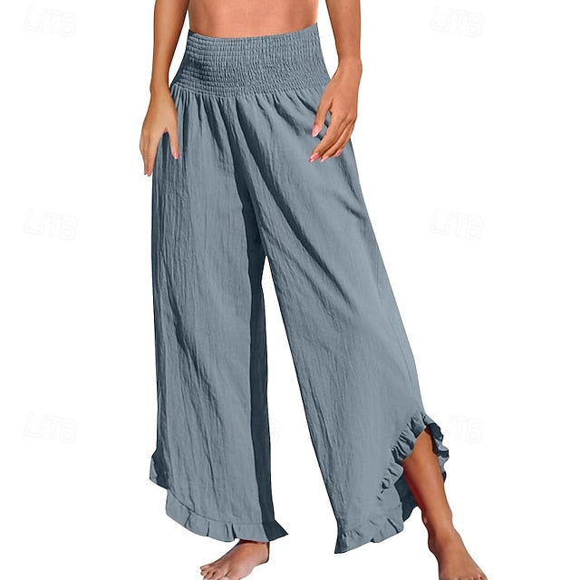 Women's Cotton Linen Pants Culottes Wide Leg Slacks Fashion