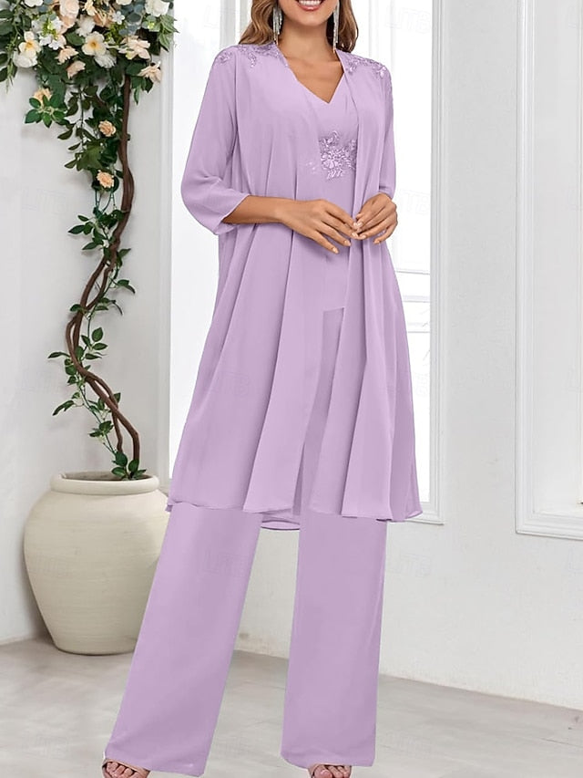 3 Simple the Piece Guest Wedding Elegant of Mother Bride V Dress