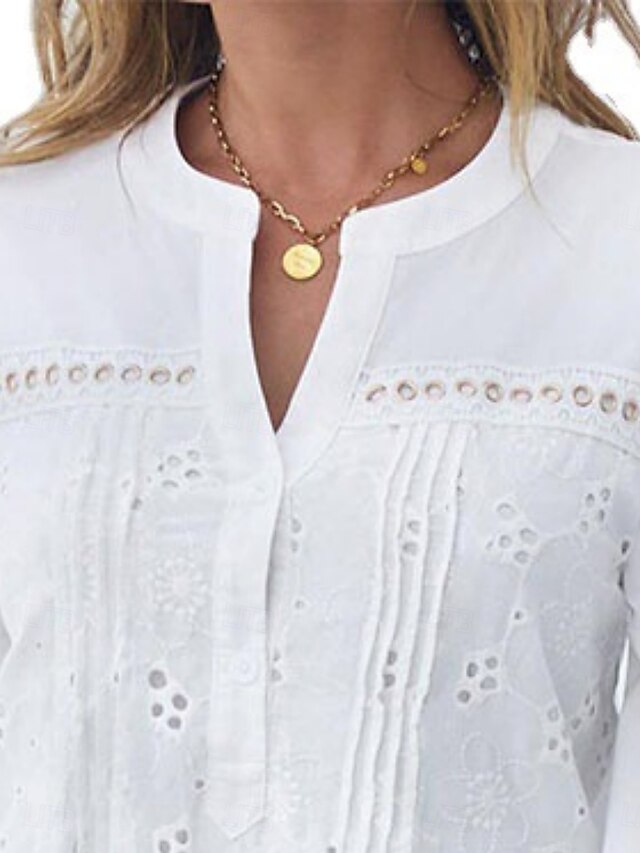 Women's Popover Shirt Casual Shirt Blouse Eyelet Solid