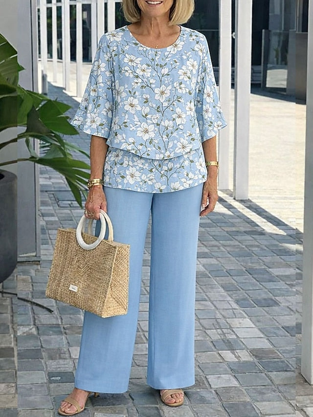Women's Pants Sets Half Sleeve Butterfly Sleeve Round Neck