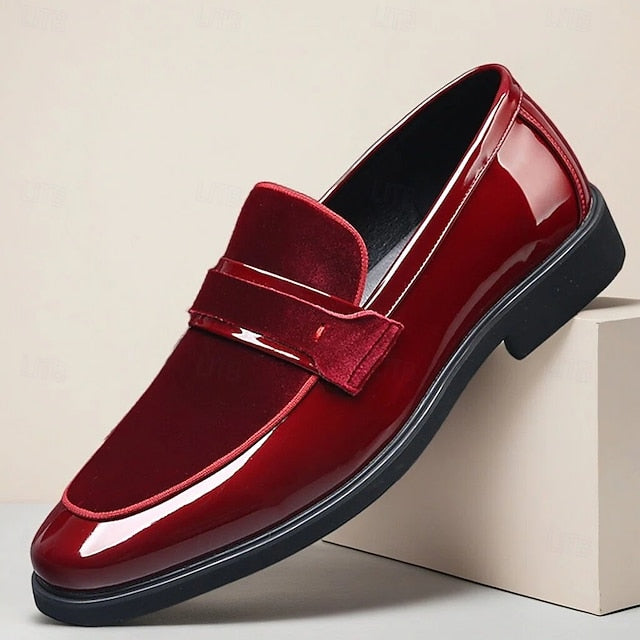 Red Men's Faux Design Loafers Leather Sleek Velvet – with