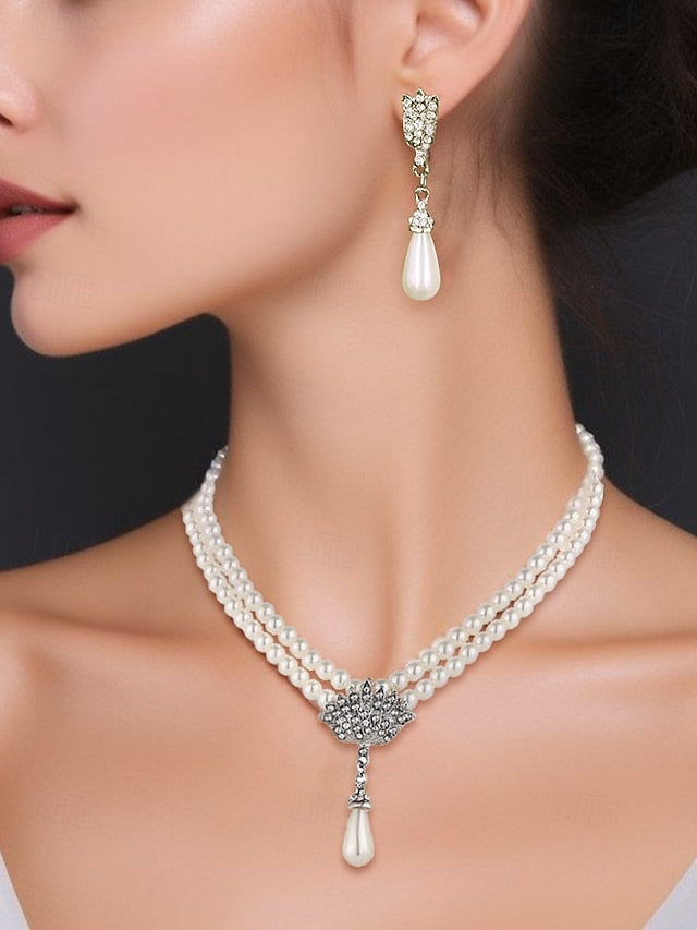 Double-Layer – Elegant Pearl Bridal  Necklace Set Jewelry
