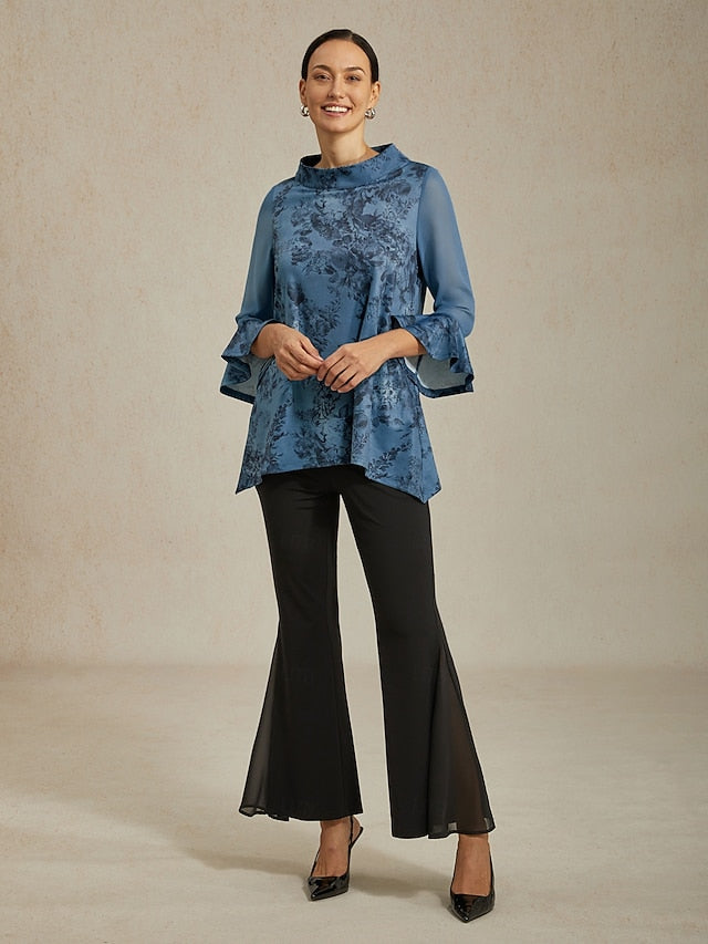 Women's Blouse Gray Blue Floral Stand Collar Sheer Panel