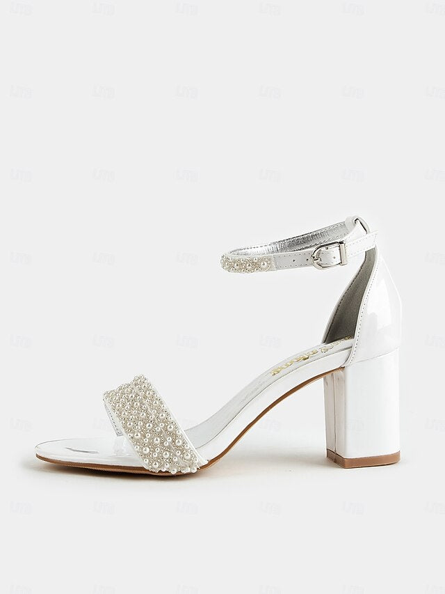 Strap with Ankle Ivory Open-Toe Heels for Pearl-Embellished