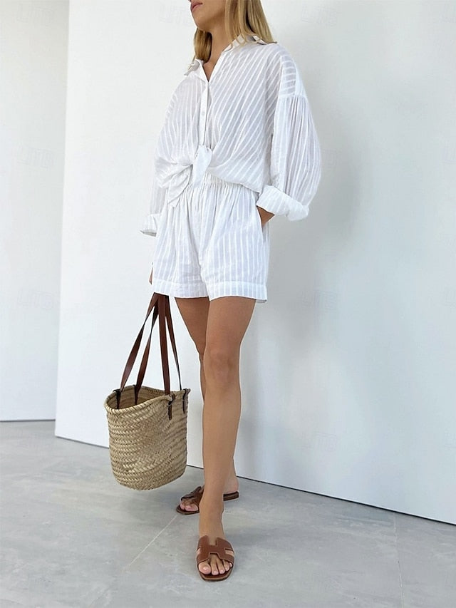 Women's Shorts Sets Bolero Top Long Sleeve Shirt Collar