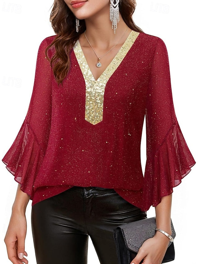 Women's Blouse Sequin Tops Patchwork Color Block Stylish