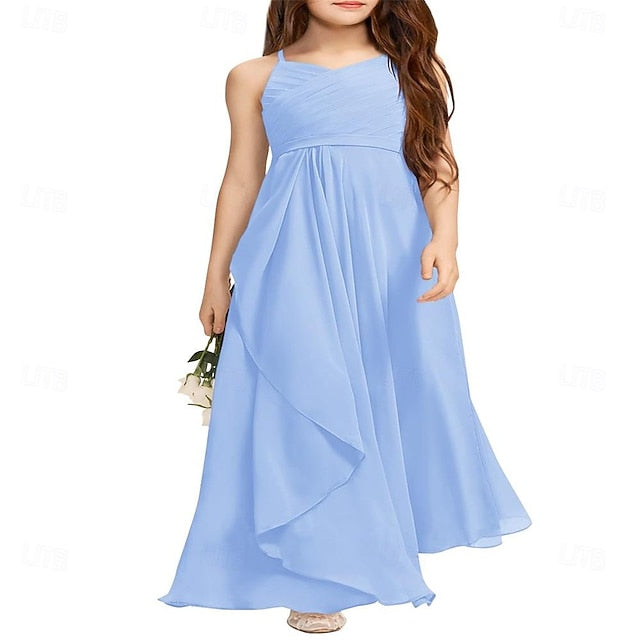 Bridesmaid Junior A-Line Flower Dress Flowy Halter Girls Girl