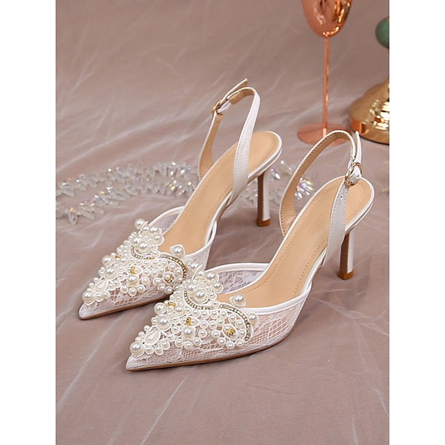 Pearl-Embellished White Heel Slingback Kitten with Pointed-Toe