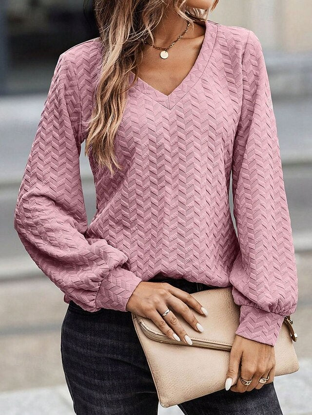 Women's Blouse Solid Color Stylish Casual Long Sleeve V