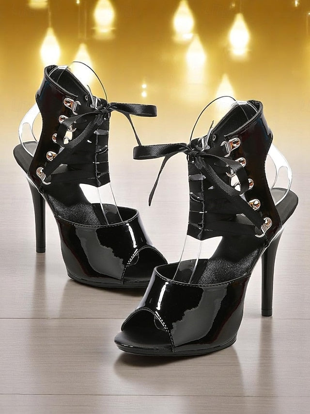 - Lace-Up Sexy Cutout Patent Women's Stiletto Sandals Black