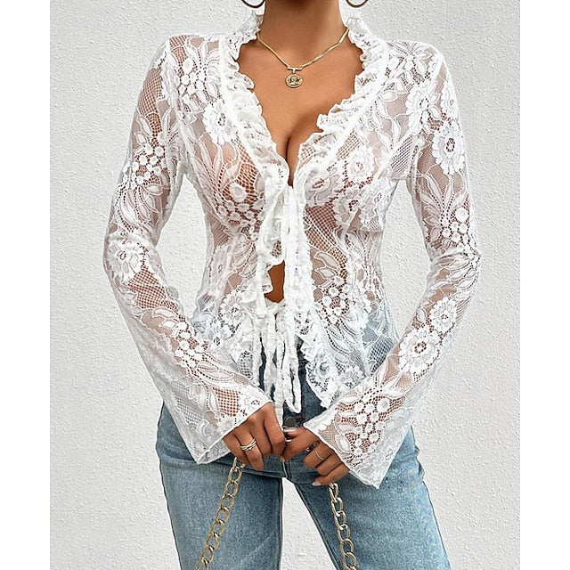 Women's Lace Solid Color Plain Stylish Long Sleeve Causal