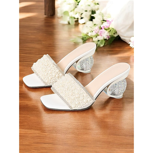 Pearl-Embellished Open-Toe Mules for Wedding – Women Bridal