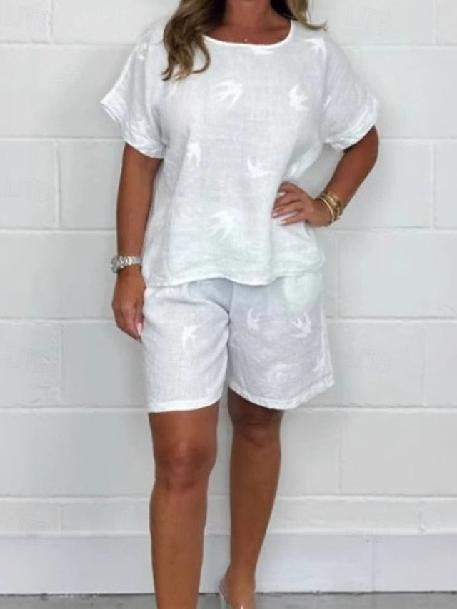 Women's Cotton Linen Sets Shorts Sets Short Sleeve Crew