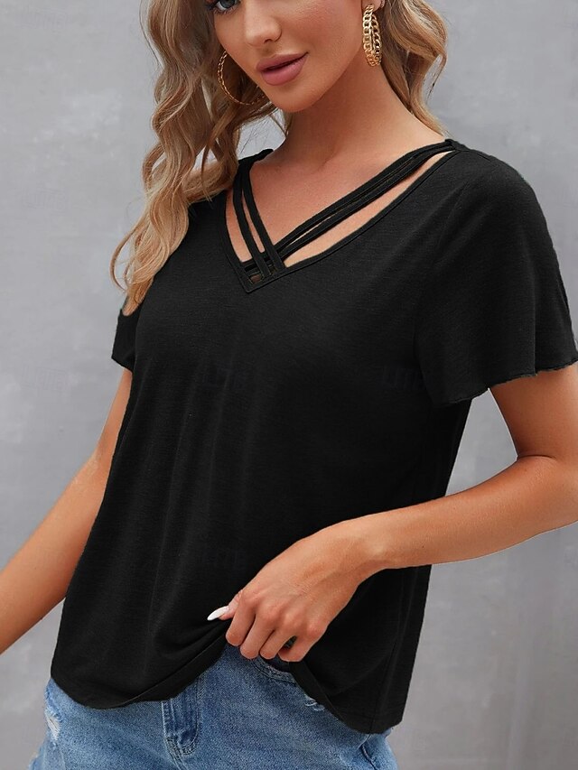 Women's T Shirt Tee Top Criss-Cross Hollow Out Plain
