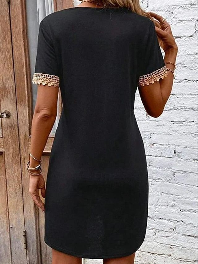 Women's Casual Dress V-neck Short Sleeve Crochet Lace Trim