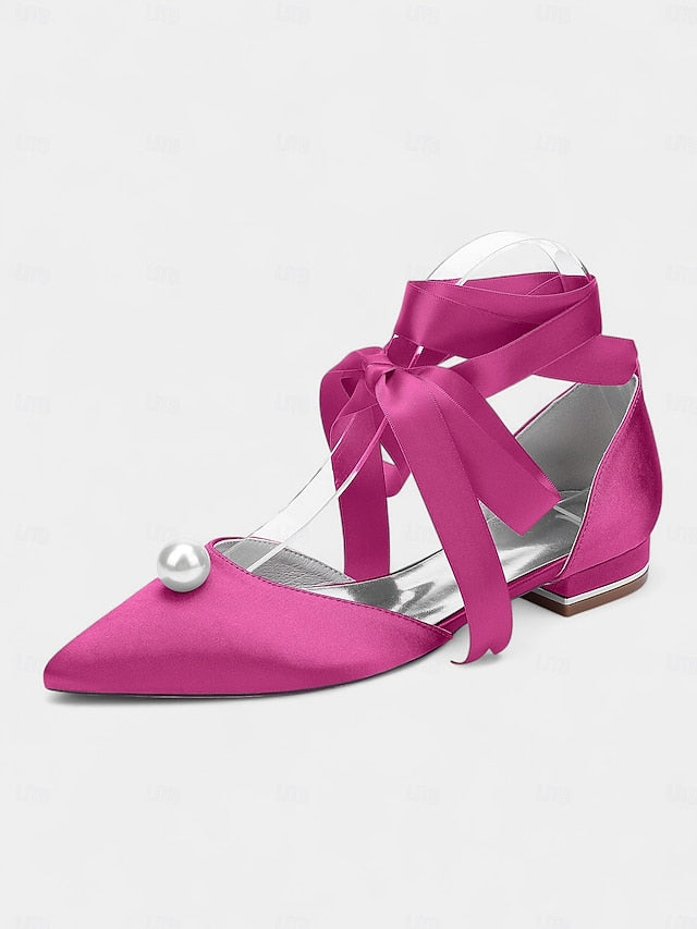 Embellished Flats Pointed Navy Toe Pearl - Women's Satin