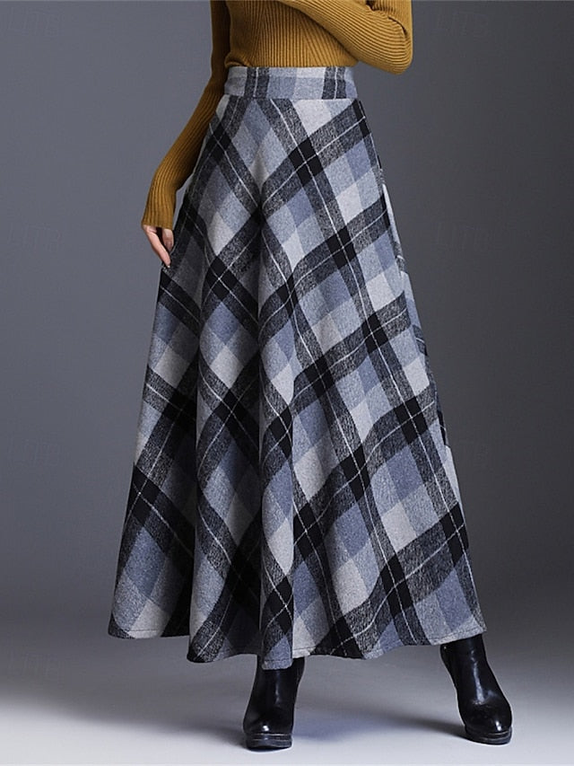 Women's Elegant Retro Vintage Maxi High Waist Skirts Plaid