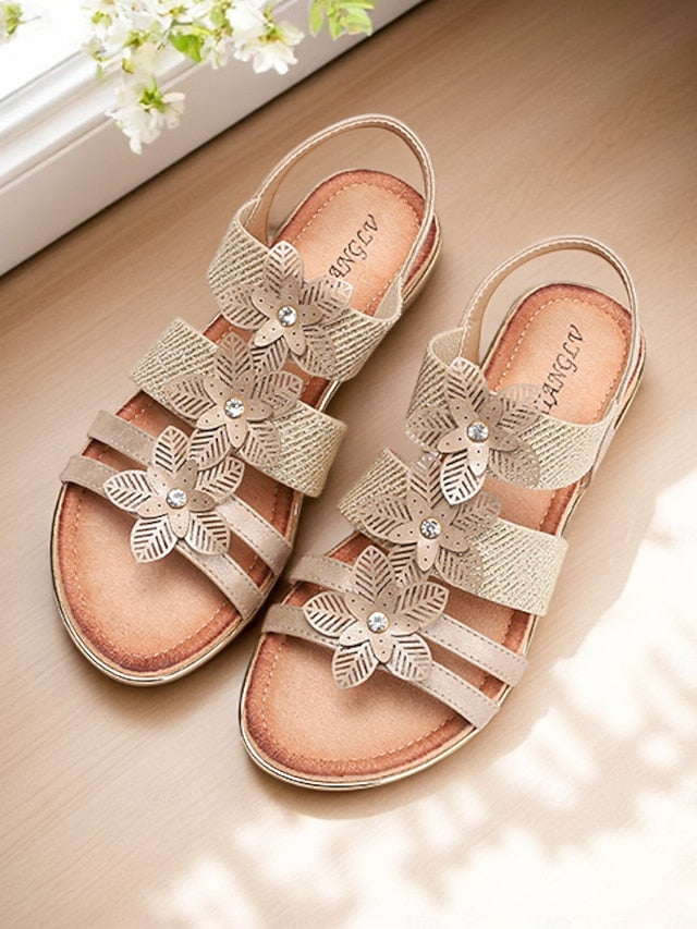 – Floral Sandals Elegant Flat Women's Beige Rhinestone