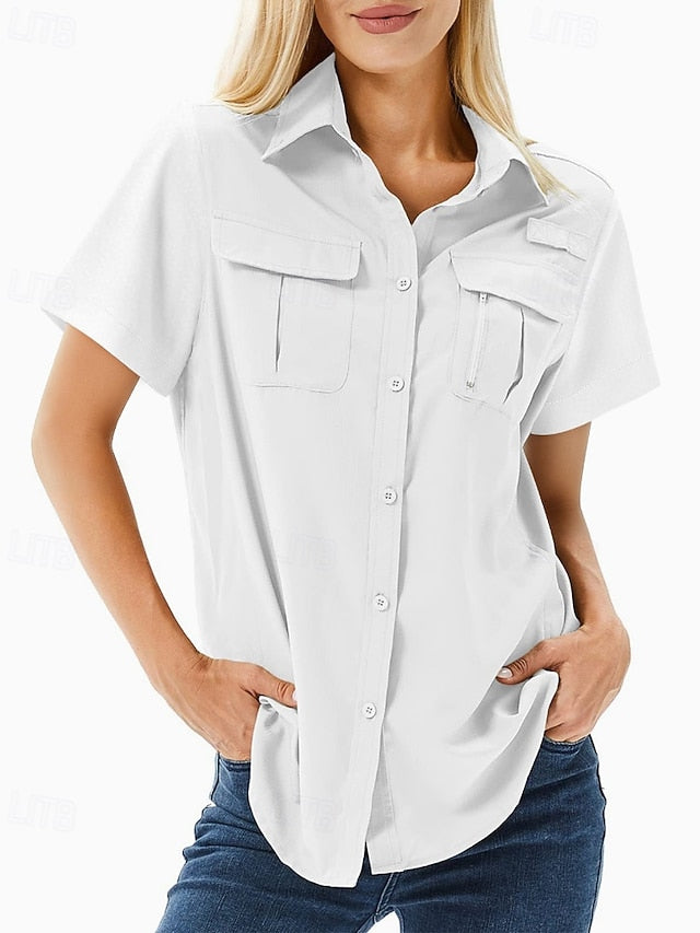 Women's Shirt Blouse Pocket Buttons Plain Casual Short