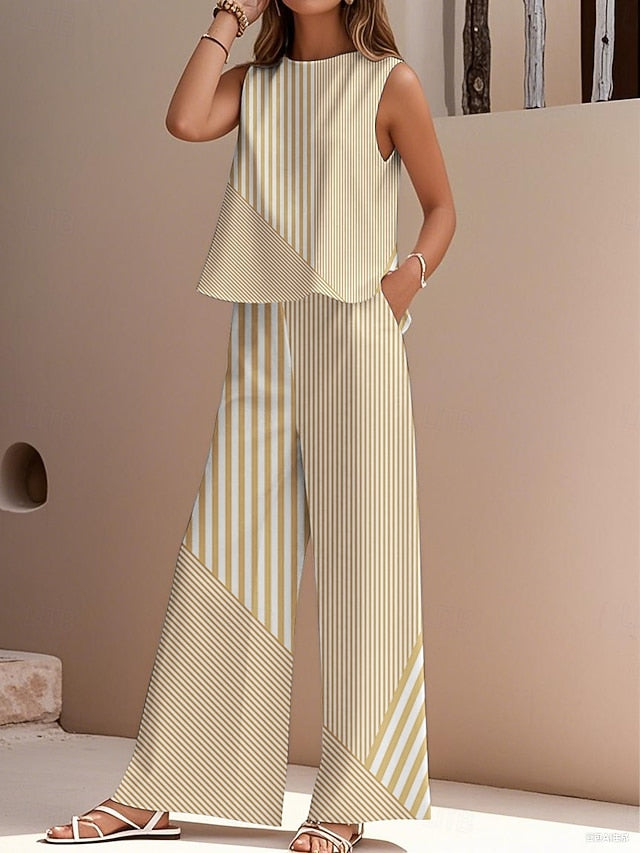 Women's Pants Sets Faux Cotton Linen Sleeveless Crew Neck