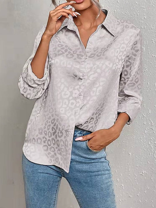 Women's Shirt Elegant Satin Top Blouse Buttons Leopard