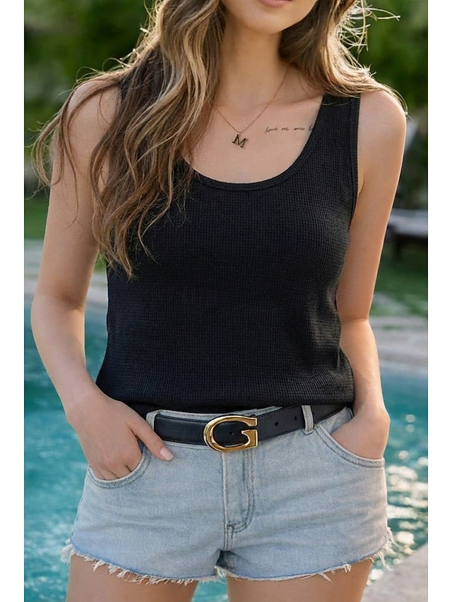 Women's Waffle Tank Top Solid Color Fashion Stylish Casual