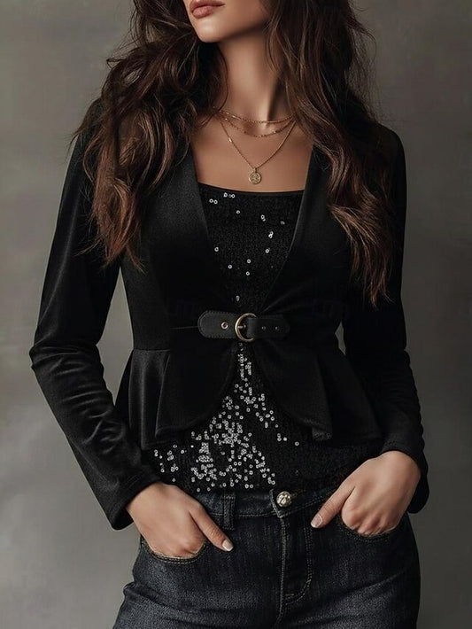 Women's Blouse Sequins Patchwork Peplum Solid Color Stylish