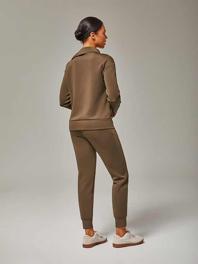 Women's Brown Stretch Knit Zip Slit High Neck Top Tracksuit