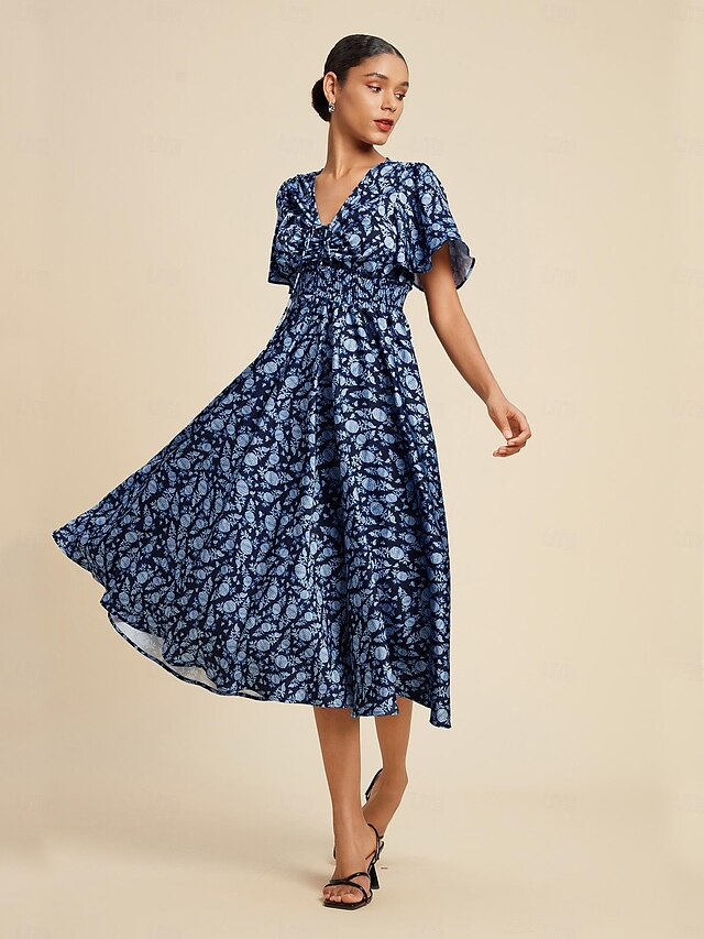 Satin Floral Print Smocked Waist Midi Dress