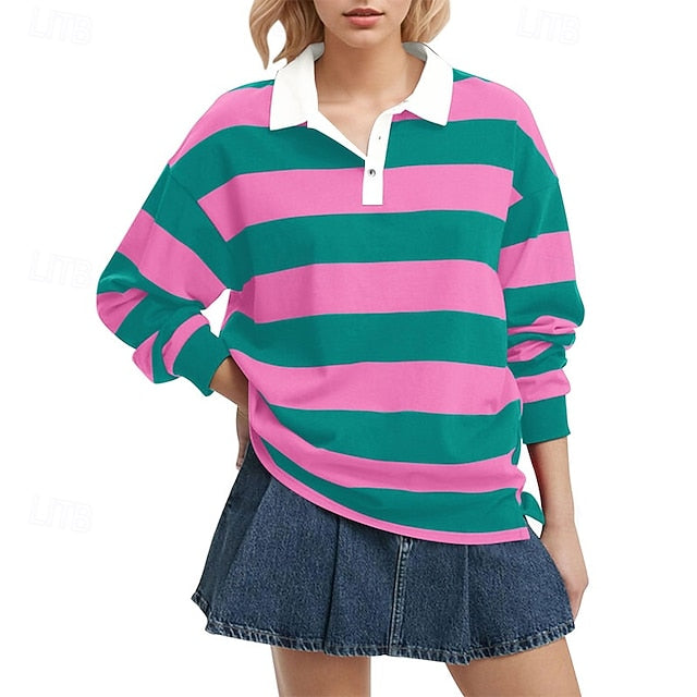 Women's T Shirt Tee Top Buttons Striped Fashion Stylish