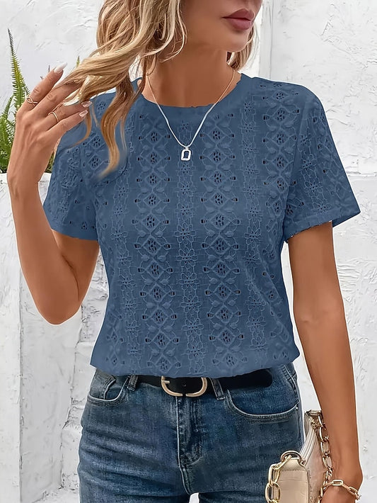 Women's Eyelet Embroidery T Shirts Solid Color Vintage