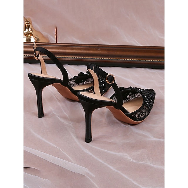 Pearl-Embellished White Heel Slingback Kitten with Pointed-Toe